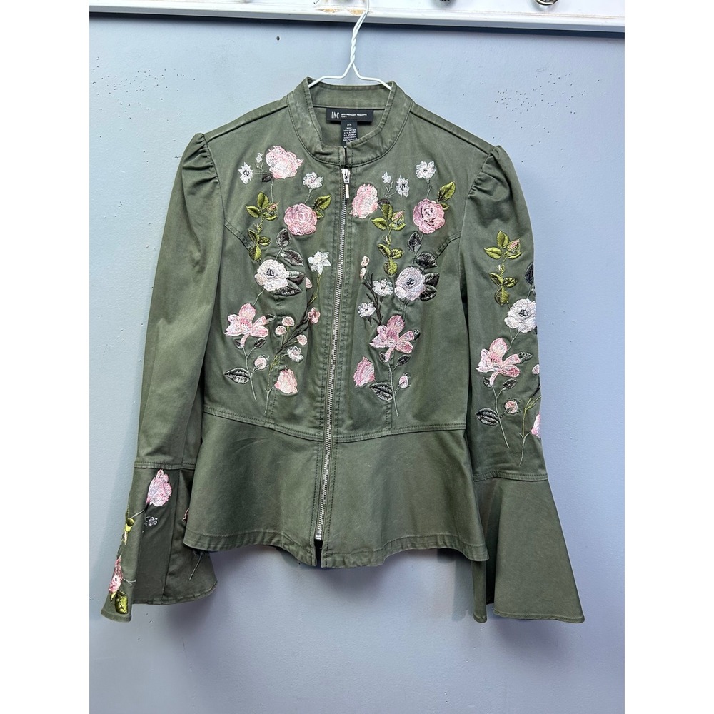 INC Jacket Womens PS Green Floral Embroidered Peplum Bell Sleeve Utility Zip